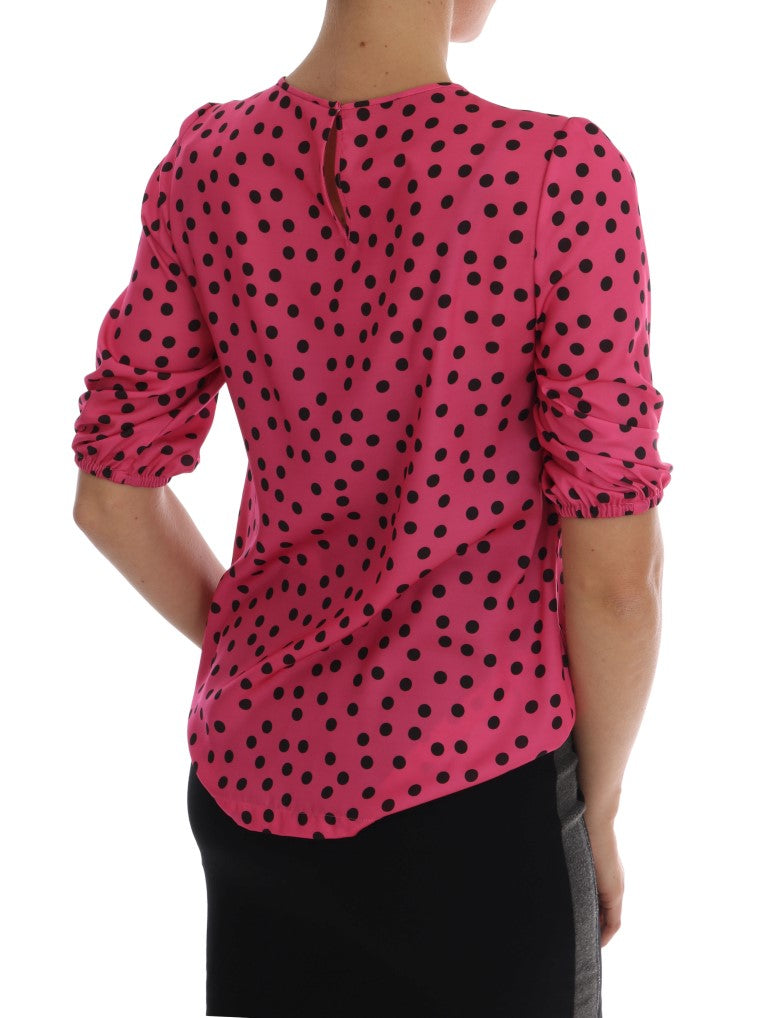 Blusa de seda de lunares de polka rosa elegante