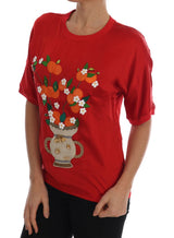 Top de elegancia bordada floral de seda roja