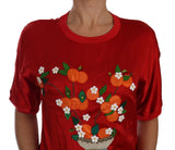 Top de elegancia bordada floral de seda roja