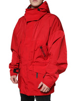 Red Nylon Hooded Men Full Zip Parka Jacket