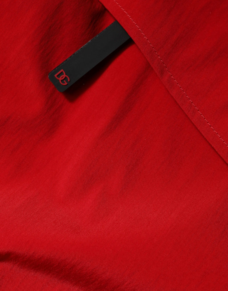 Red Nylon Hooded Men Full Zip Parka Jacket