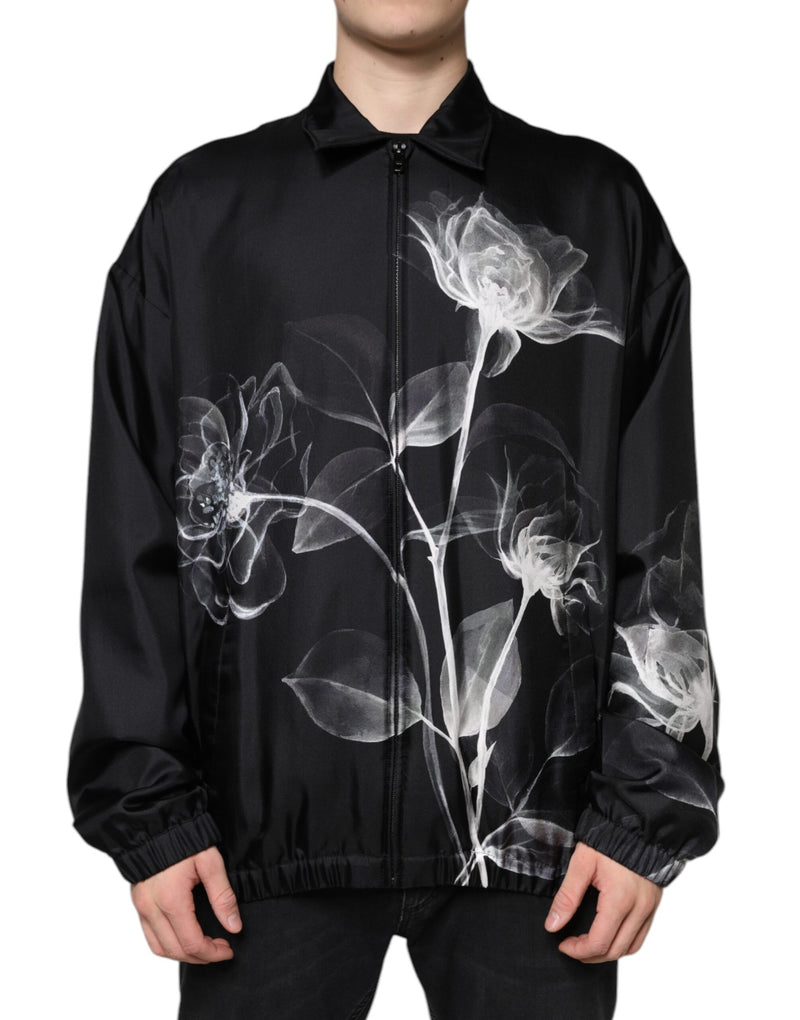 Black Floral Print Silk Men Full Zip Sweater