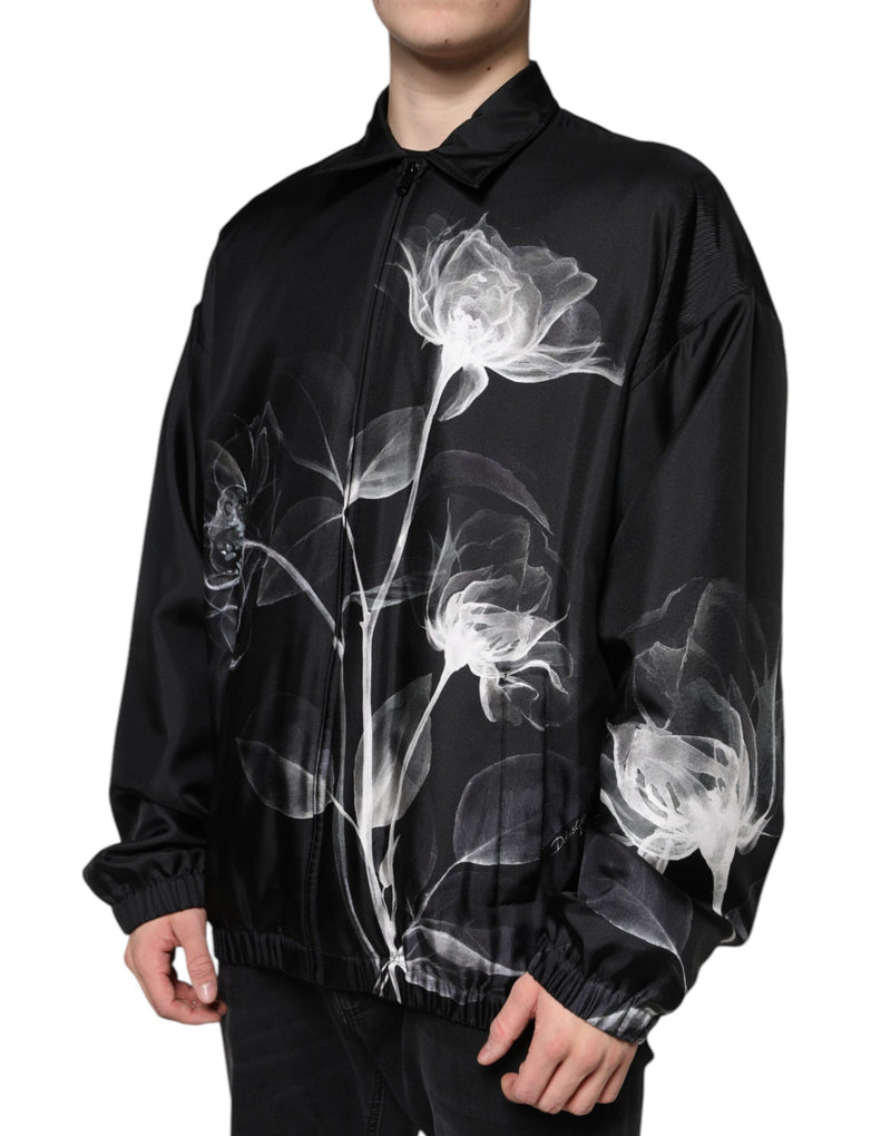 Black Floral Print Silk Men Full Zip Sweater