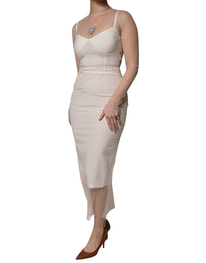 White Sheer Tulle Bustier Bodycon Midi Dress