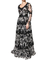 Black Silk Floral Lace Ricamo Ball Maxi Dress