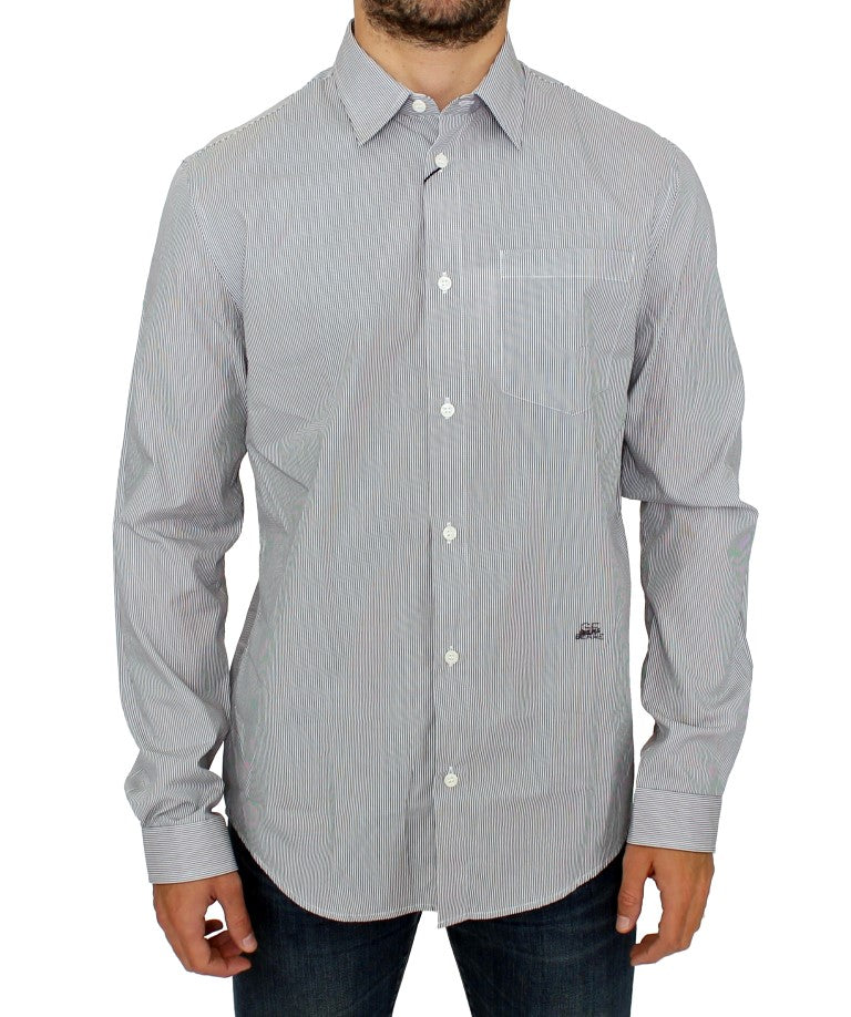 Chic Grey Striped Cotton Casual Shirt