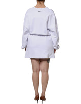 White Cotton Belted Long Sleeves Crew Neck Mini Dress