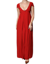 Red Acetate Short Sleeves Plunging Neckline Maxi Dress