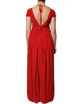 Red Acetate Short Sleeves Plunging Neckline Maxi Dress