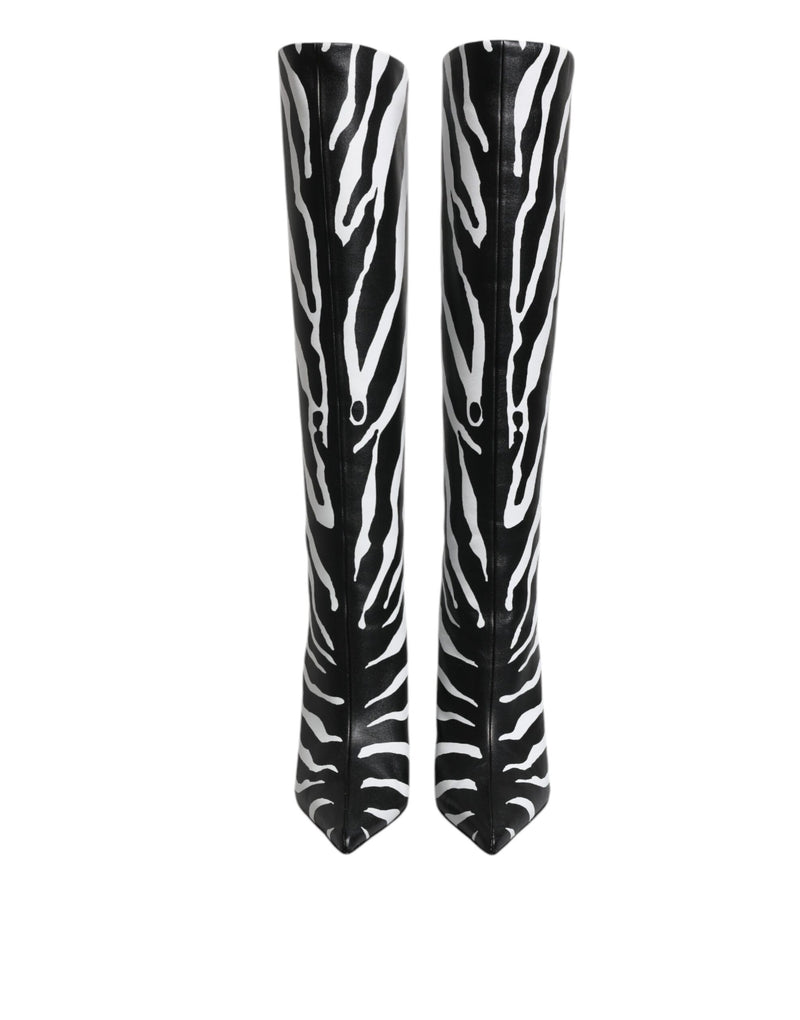 Black White Zebra Heels High Boots Shoes