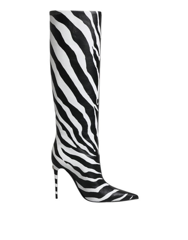 Black White Zebra Heels High Boots Shoes