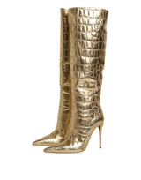 Gold Leather Stiletto Heels High Boots Shoes