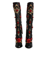 Black Roses Embellished Leather Heel Boots Shoes