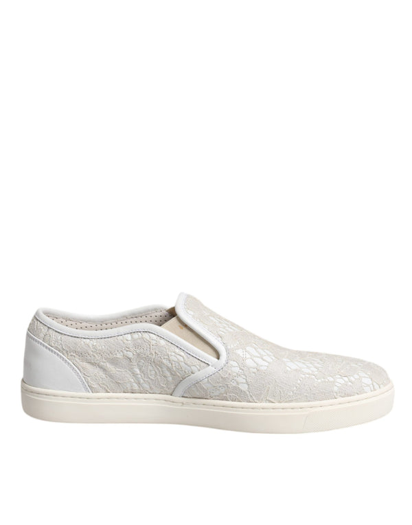 White Floral Lace Slip On Loafers Shoes