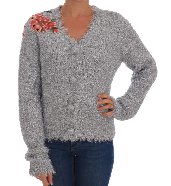 Elegante cardigan con applique floreali d'argento