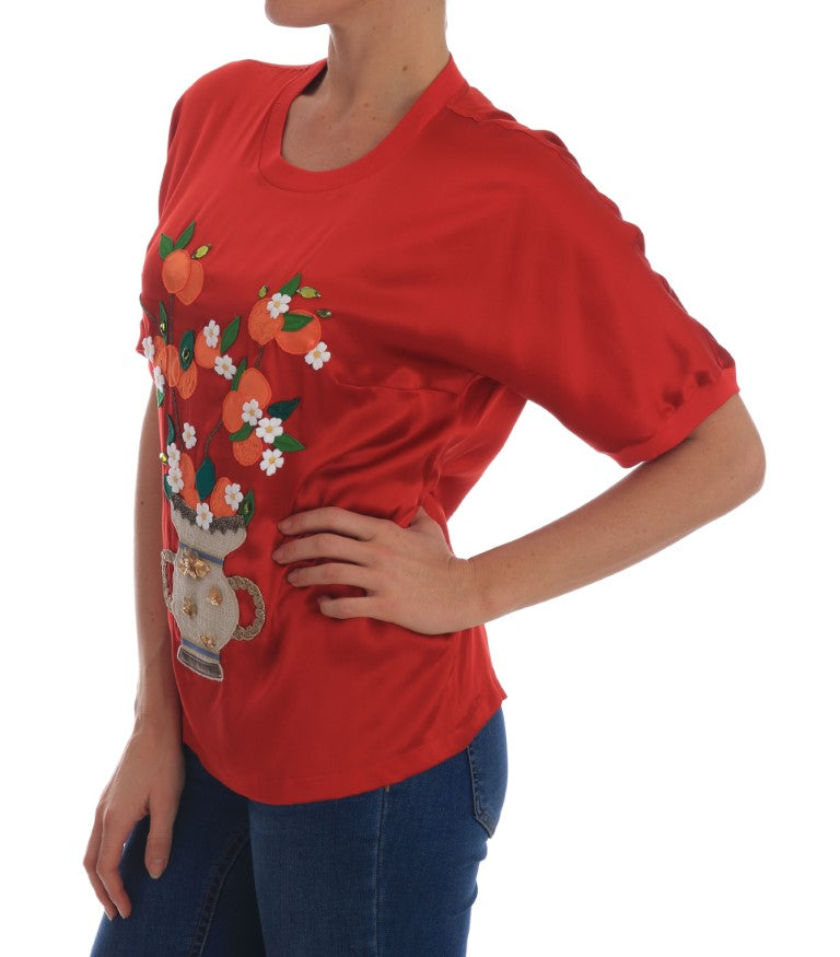 Elegante blusa de cristal de seda roja con adornos