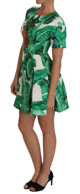 Elegant Green Banana Leaf Print A-Line Dress