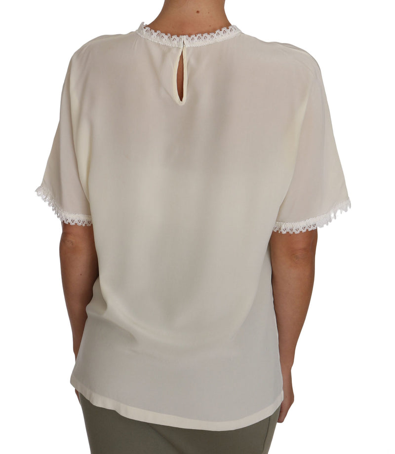 Creme Seide Spitze detailliertes Bluse-Oberteil