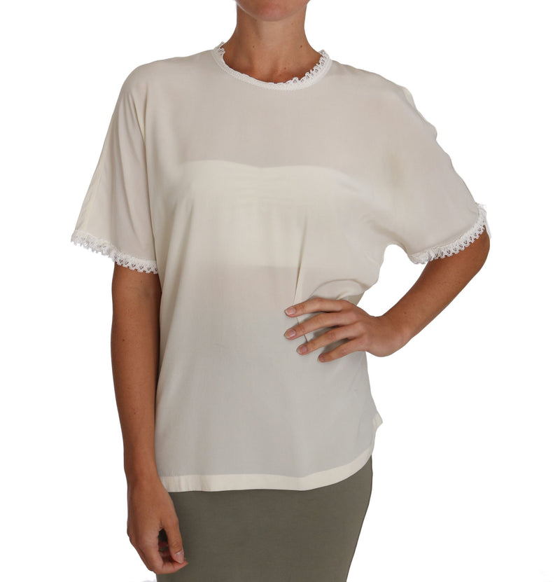 Tapa de blusa detallada de encaje de seda crema