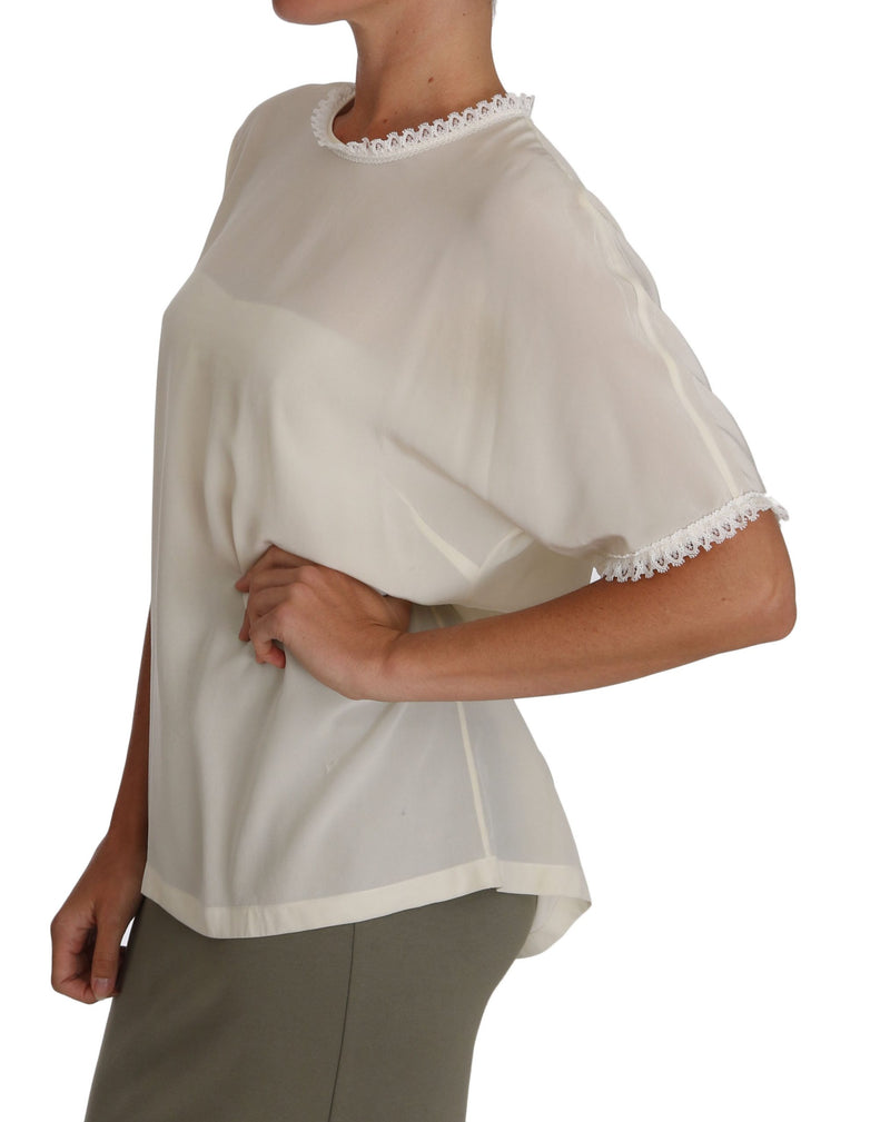 Creme Seide Spitze detailliertes Bluse-Oberteil