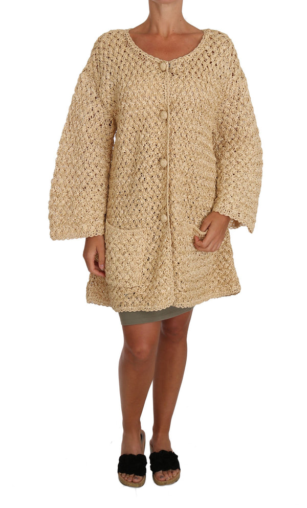 Chic Beige Crochet Strick Raffia Cardigan