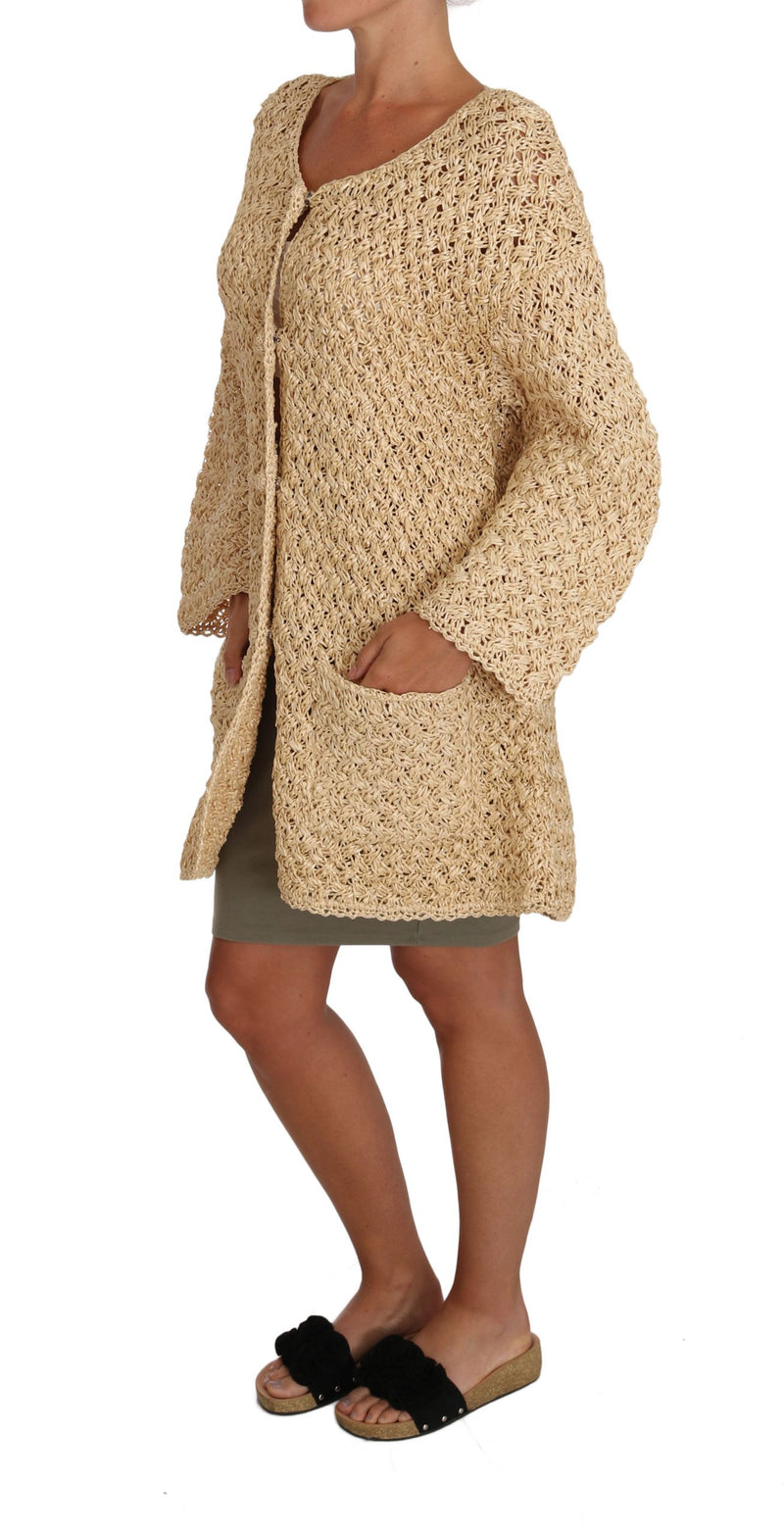 Chic beige crochet en tricot en raffia cardigan