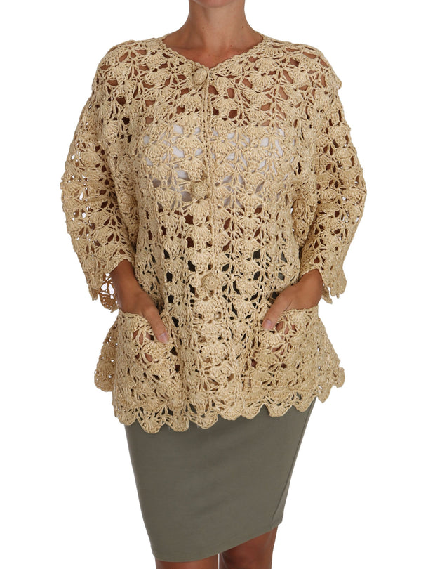 Chic beige crochet raffia cárdigan