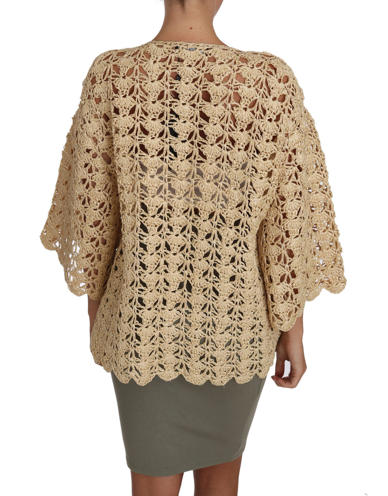 Chic beige crochet raffia cárdigan