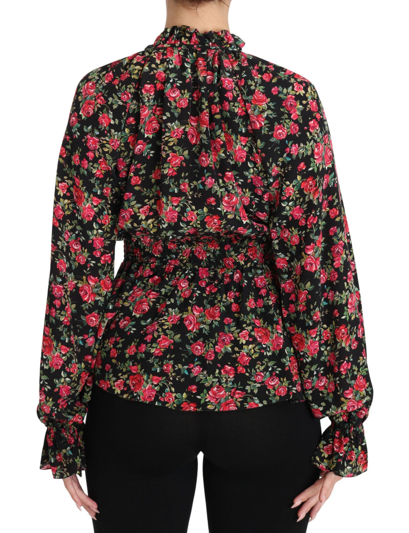 Elegante camisa de seda floral negra