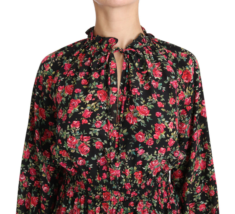 Elegante camicia di seta floreale nera