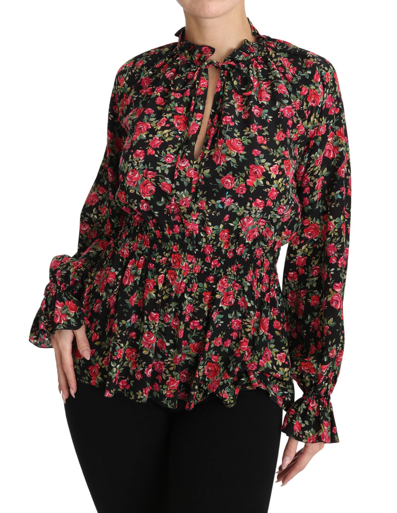 Elegante camisa de seda floral negra