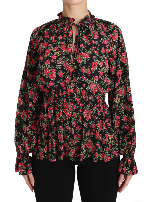 Elegante camisa de seda floral negra