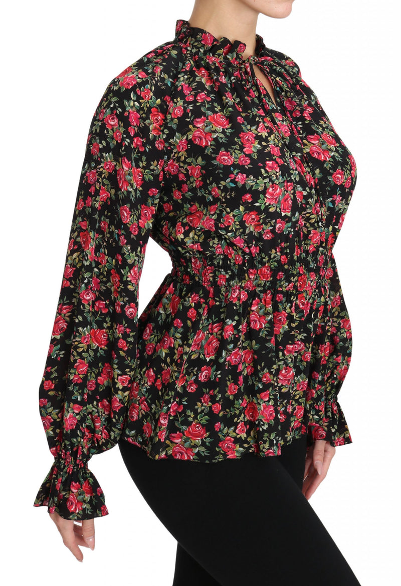 Elegante camisa de seda floral negra