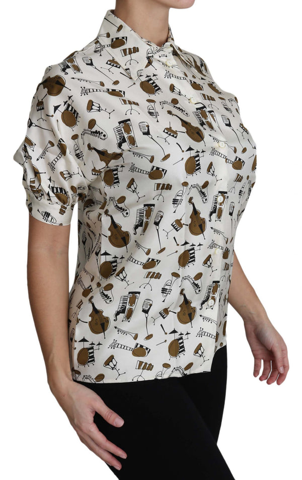 Top de polo de estampado de instrumentos musicales de seda