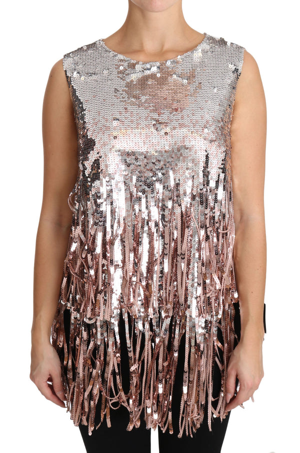 Top eleganza marginale con paillettes rosa dorato