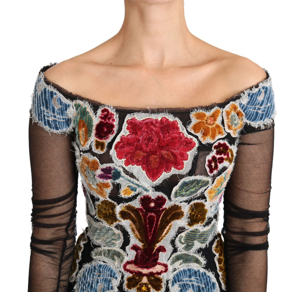 Elegante aplique floral Top de manga larga