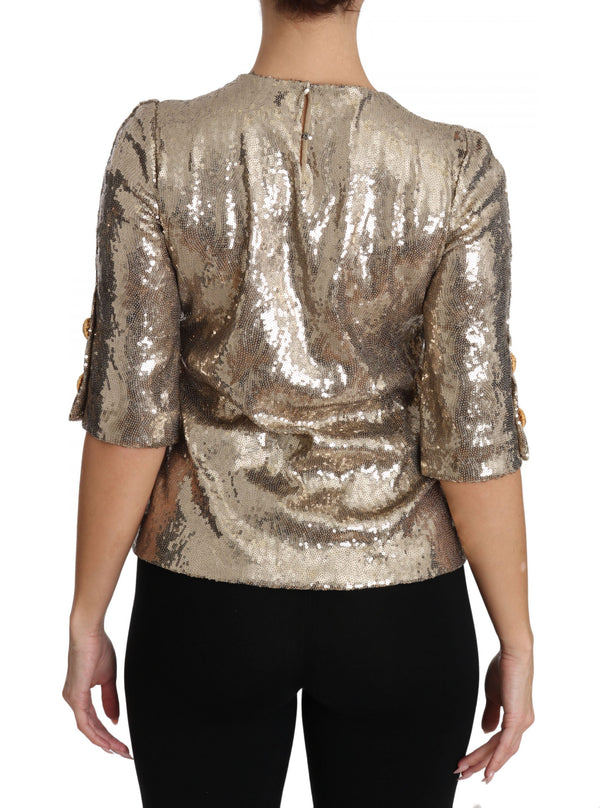 Gold Parrot Motif Neweck Blouse con cristales