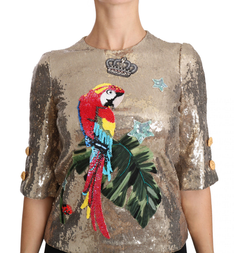 Gold Parrot Motif Neweck Blouse con cristales