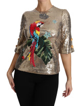 Gold Parrot Motif Neweck Blouse con cristales