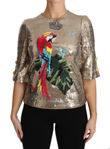 Gold Parrot Motif Neweck Blouse con cristales