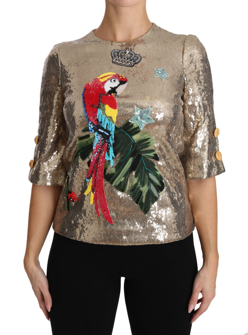 Gold Parrot Motif Neweck Blouse con cristales