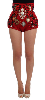 Mini-shorts ornés de cristal en soie rouge