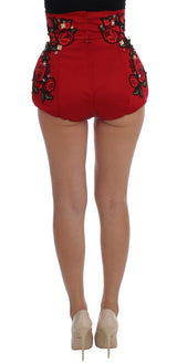 Mini-shorts ornés de cristal en soie rouge