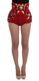 Short haute de taille en cristal en soie rouge