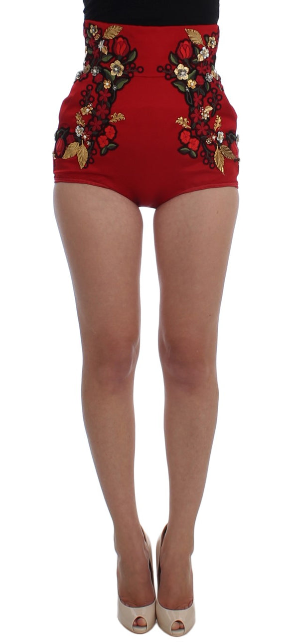 Elegante Seidenrot bestickte Mini -Shorts