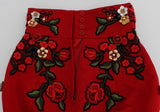 Pantaloncini ricamati floreali di seta rossa glamour