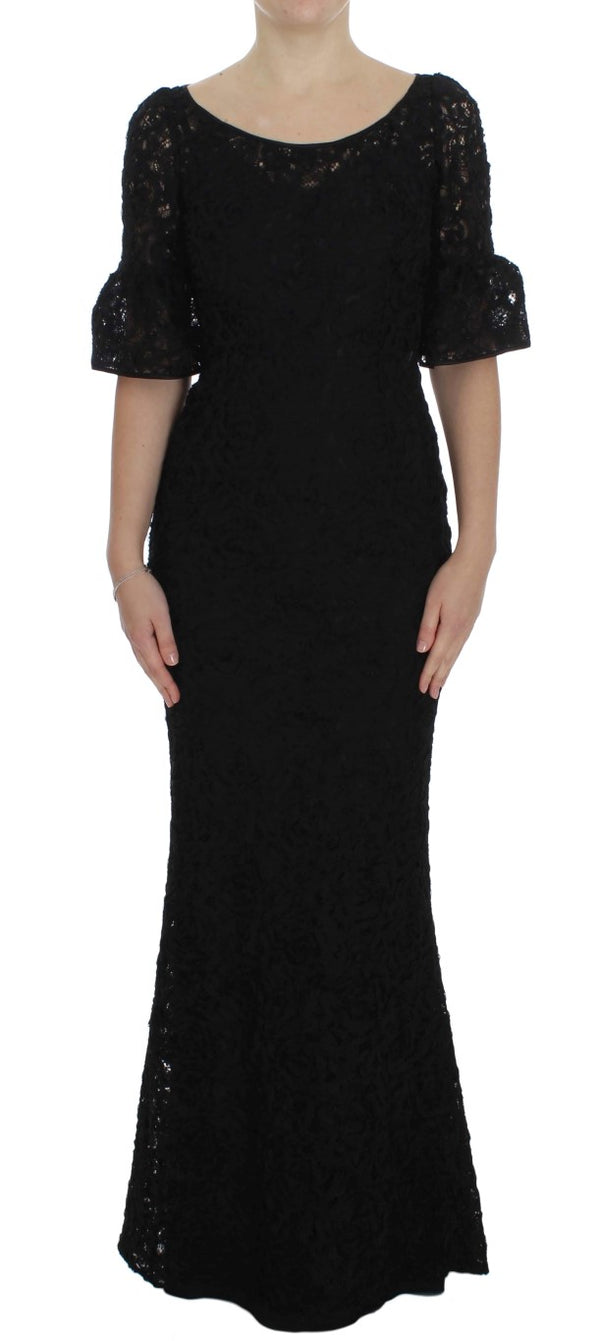 Elegante vestido de encaje floral negro maxi