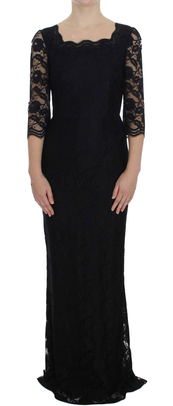 Elegante vestido de encaje floral negro maxi