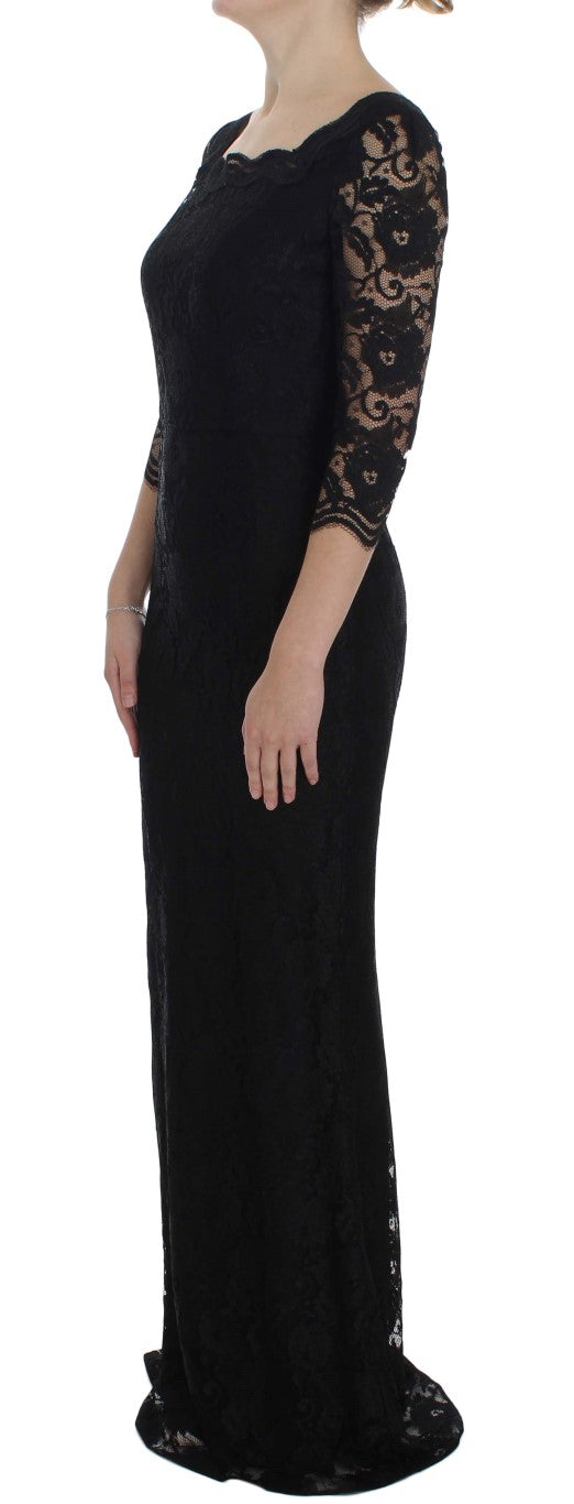 Elegante vestido de encaje floral negro maxi