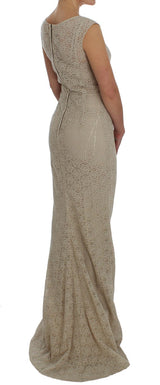 Elegantes beige Blumenausschnitt Maxi Kleid